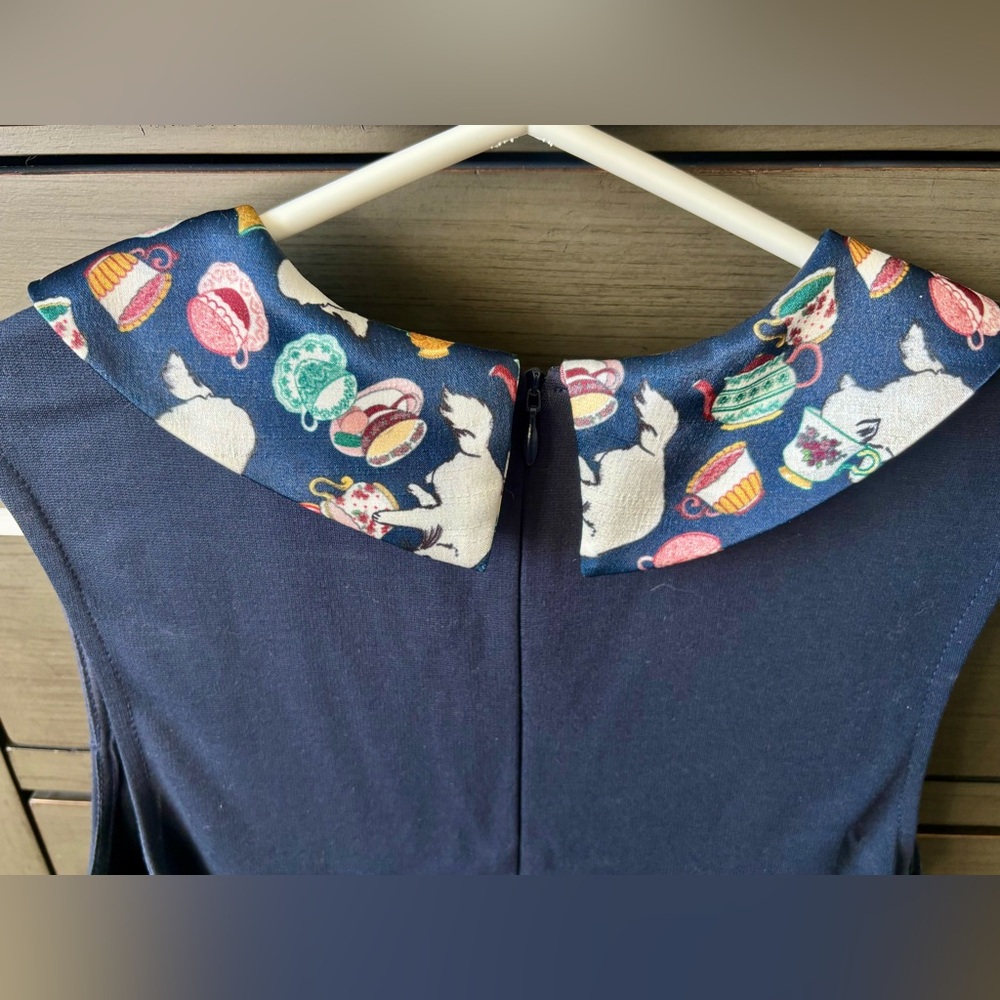 Smak Parlour Kittens and Teacups Navy Blue Peter Pan Collar Skater Dress XS - Picture 4 of 6